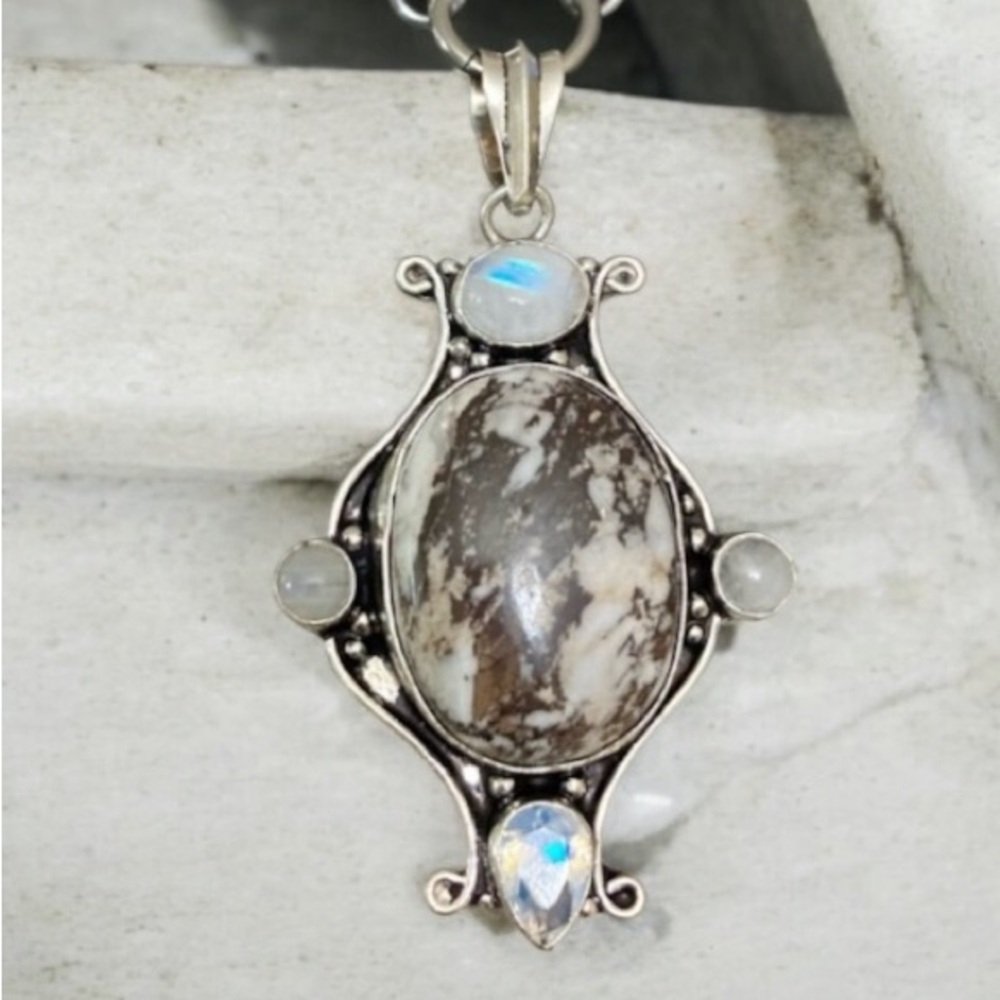 Genuine moonstone white & brown agate gemstones & opalite boho silver necklace - Picture 7 of 15